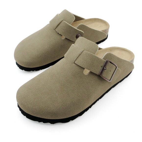 Lurnyet Women Slip On Taupe Suede Clogs with Buckle Closure Sandal - Picture 1 of 8